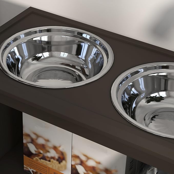 PawHut Large Elevated Dog Bowls with Storage Cabinet - 37L Capacity, Raised Dog Bowl Stand Feeding Station, Espresso | Raised Dog Bowl Stand Pet Food Bowl Dog Feeding Station