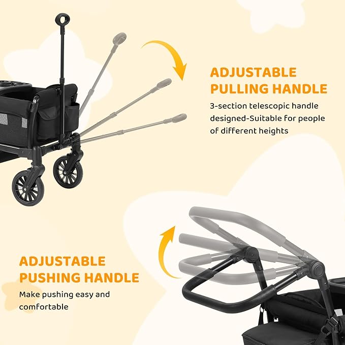 ELEMARA Stroller Wagon, 2 Seat Stroller for 2 Kids, Premium All Terrain Stroller for Kids w/Removable Canopy, Adjustable Push/Pull Handle, Large Storage Bag, Black