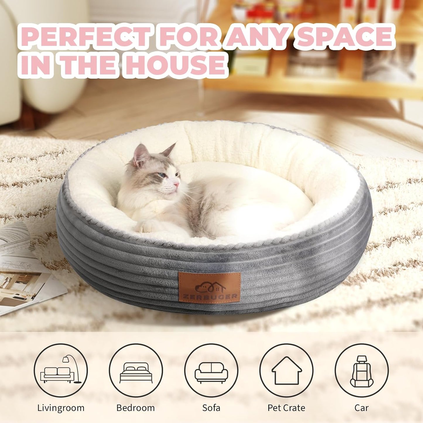 23in Round Cat Dog Bed for Large Medium Small Dogs Cats, Machine Washable Sleeping Sofa, Non-Slip Bottom Breathable Soft Calming Pet Cuddler for Indoor/Outdoor/Car/Cage, Light Grey