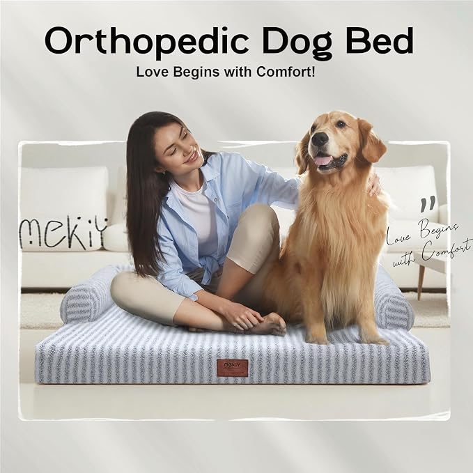 Orthopedic XL Dog Bed with Bolster for Extra Large Size Dogs | Pillow Support for Neck Relief, Egg Crate Foam, Skin-Friendly Surface, Waterproof Liner, Anti-Slip Bottom, 42 x 30 Inch