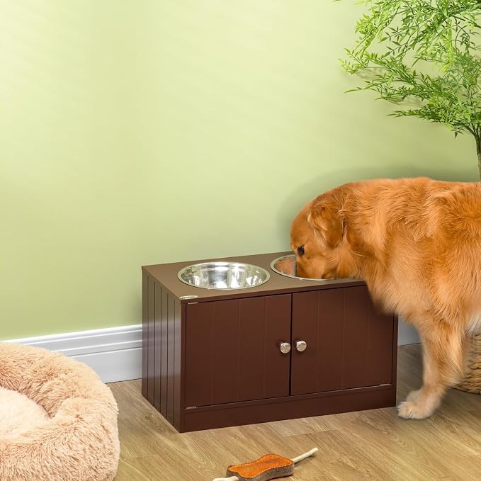 Large Elevated Dog Bowls with Storage Cabinet Containing 44L Capacity, Raised Bowl Stand Pet Food Feeding Station, Brown, Easy-Install