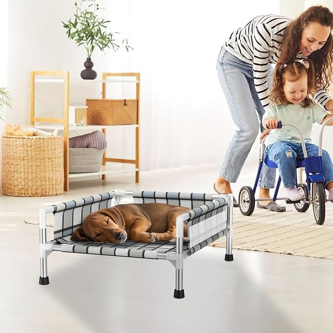 Elevated Dog Bed with with Guardrail, Raised 3-Fence Dog Hammock Bed | Breathable Lifted Stainless Steel Frame Dog Bed for Small Pets, Cooling Washable Dog Cot