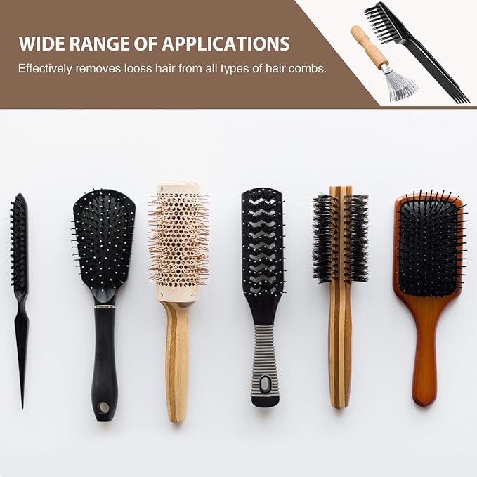 Boao 2 Pack Hair Brush Cleaning Tool,2-in-1 Comb Rake and Brush Cleaner for Removing Hair,Dust and Buildup,Mini Hairbrush Accessory for Home&salon(Black Color,Wooden Handle Rake)