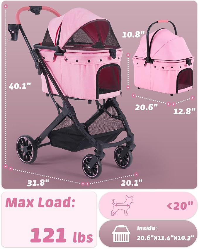 797Audio Dog Cat Stroller for Small Medium Pets,3-in-1 Foldable Pet Stroller with Detachable Carrier,Car Seat,One Click Folding,All-Terrain 4 Wheels,Adjustable Canopy with Sun Shades,Max 121lbs(Pink)