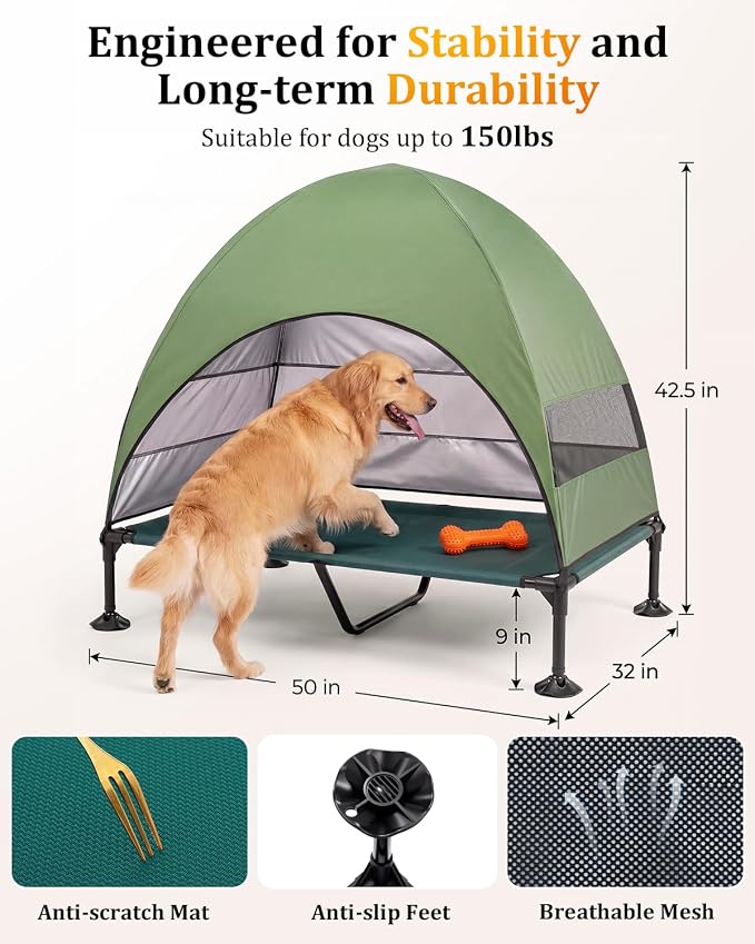 Elevated Outdoor Dog Bed with Canopy, Raised Dog Cot with Stable Adjustable Feet, Dog Camping Bed with Larger Shade, Lifted Dog Tent Bed with Canopy for Outside (Green, X-Large)