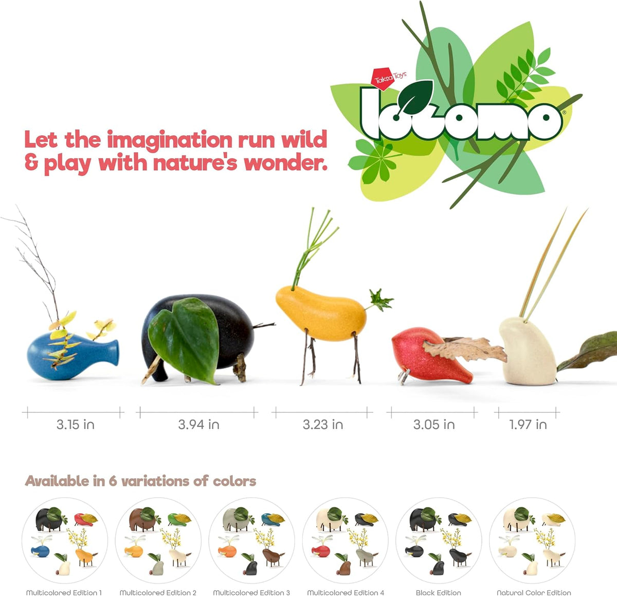 Taksa Toys Locomo Family Multicolored Edition IV (Set of 5) - Wooden Animal Figures Open-Ended Educational Outdoor Play to Trigger Childβs Imagination and The Love of Nature. Montessori Waldorf Toys