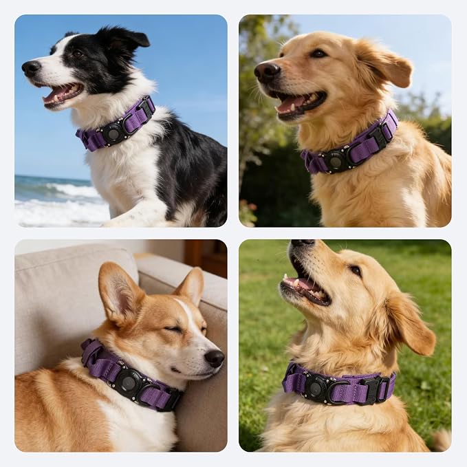 AirTag Dog Collar for Large Dogs Tactical Dog Collar with AirTag Holder | Upgrade Waterproof,Control Handle,Quick-Release Metal Buckle,1000D Nylon Fabric,Soft-Padded Webbing,Velcro Patch(Purple,M)