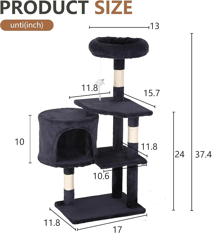 FDW | 36" Cat Tree Tower | Dark Gray | Multi-Level Indoor Activity Center with Sisal Scratching Posts, Condos, Plush Perches, Hanging Cat Toys | Sturdy, Easy to Assemble | for Kittens & Adult Cats