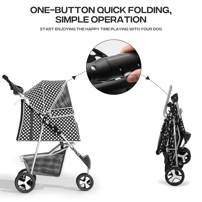Pet Stroller for Small Dogs 10 lbs, Dog Stroller for Medium Dogs 30 lbs, Cat Strollers for 2 Cats, 3 Wheels Foldable Jogger Puppy Stroller with Storage Basket and Cup Holder, Black Polka Dots