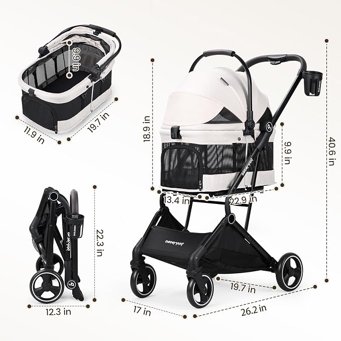 T3 Small Dog Stroller (Beige) | Detachable Carrier, Easy Assembly, Aluminum Alloy Frame, Larger Rear Wheels, Breathable Fabric, One-Touch Braking