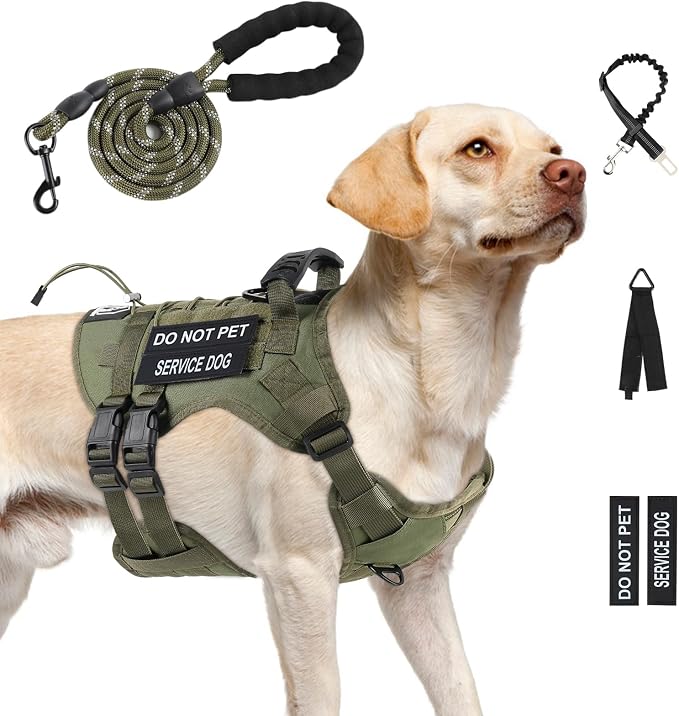 No Pull Tactical Dog Harness for Large Dogs, Service Dog Vest, XL, Green | Tactical Dog Vest Harness and Leash Set, Adjustable Military Service Dog Harness with Handle for Medium Large Dogs