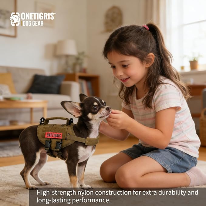 OneTigris Tactical Dog Harness XXS Puppy Vest with Vertical Handle | Tactical XXS puppy harness with vertical handle & fleece padding. Quick-release for easy on/off. Ideal for training & walks.