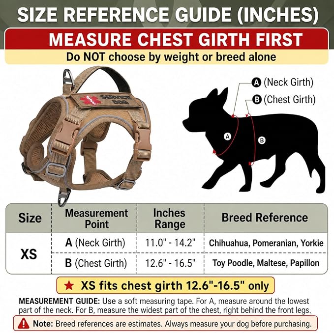 Tactical Dog Harness for Small Dogs, Adjustable No Pull Military Vest with Padded Vertical Handle, Reflective MOLLE Panels and 2 Patches, Khaki, XS