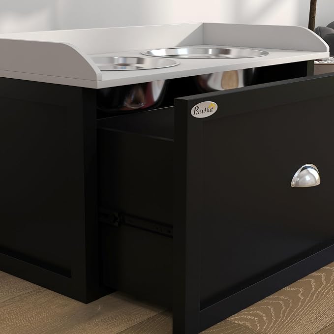 PawHut Dog Feeding Station with Storage Drawer, Elevated Dog Bowls for Large Dogs, White and Black | 2 Removable Elevated Pet Bowls, for Large Sized Breeds