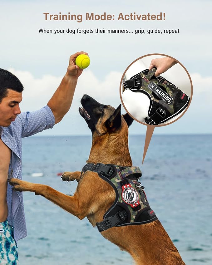 Petnanny Tactical Dog Harness No Pull Service Dog Vest XL Jungle Camo | Tactical Dog Vest with breathable mesh & hook loop panel, no pull harness for walking training, adjustable fit