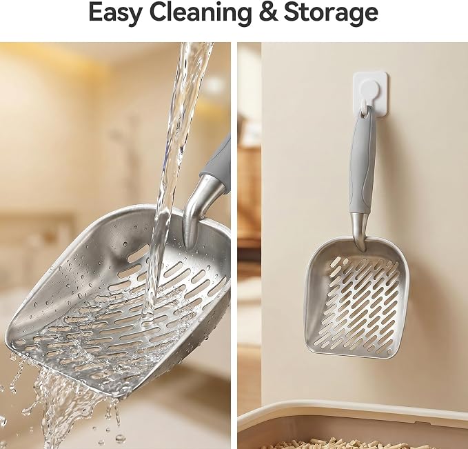 Cat Litter Scoop, Kitty Metal Scooper with Long Handle | Heavy Duty Aluminum Deep Sifter, Rustproof Durable Kitten Poop Shovel for Travel & Small Litter Box