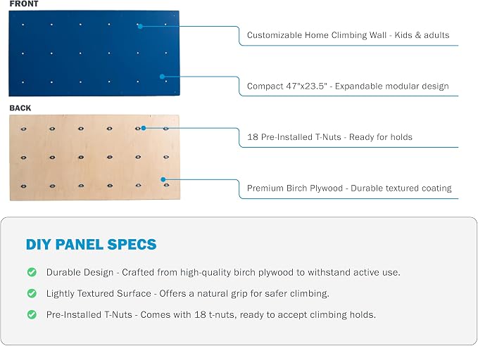 DIY Climbing Wall Panel – 47" x 23.5" Birch Plywood, Pre-Drilled T-Nuts, Textured & Paintable Surface – Indoor Home Gym & Kids Playroom Rock Wall Panel (Climbing Holds Not Included) (Lapis)