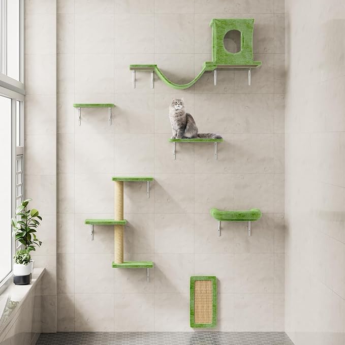 12-in-1 Cat Wall Shelves, Luxury Wall-Mounted Cat Climber Set with Condos House, Scratching Post, Bridge Ladder, Indoor Space-Saving Furniture for Kittens, Green