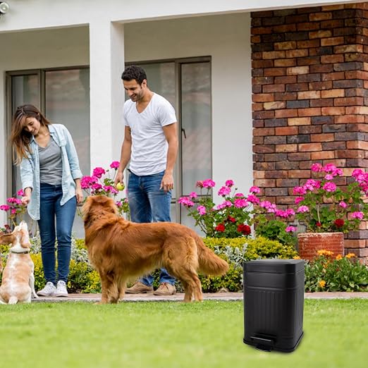 Dog Poop Trash Can for Outdoors Dog Waste Station with Lid Hands-Free Pedal 1 Gallon Container Home Kitchen with 1 Roll 50PCS Litter Bag & 6 Activated Carbon Filter T-5L-F-B
