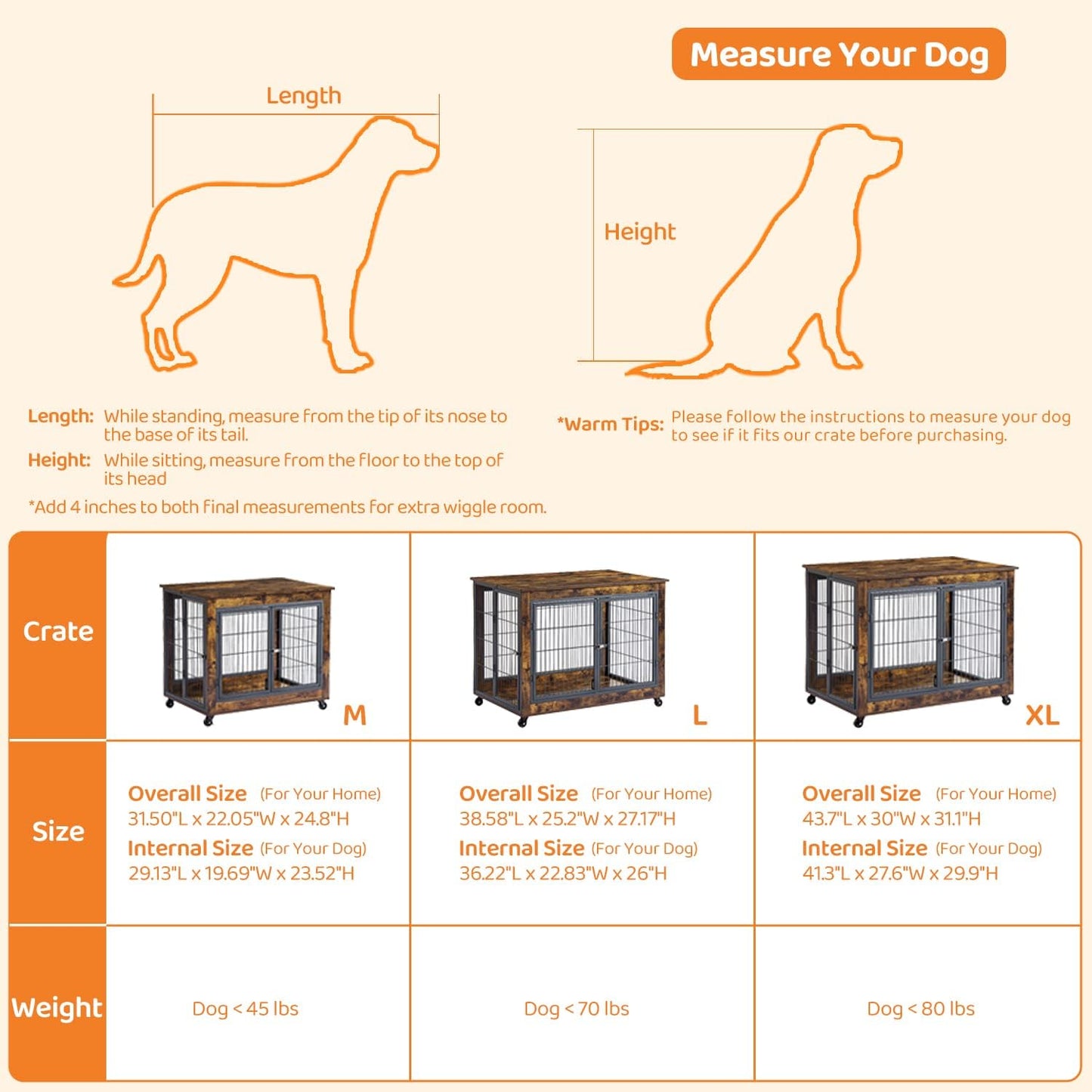 IchbinGo Dog Crate Furniture, Wooden Dog Crate Table, 31.5" Dog Kennel with 3 Doors, Flip-up Top Opening and Wheels, Decorative Pet Crate Dog House for Medium/Small Dog Indoor Use (Rustic Brown)