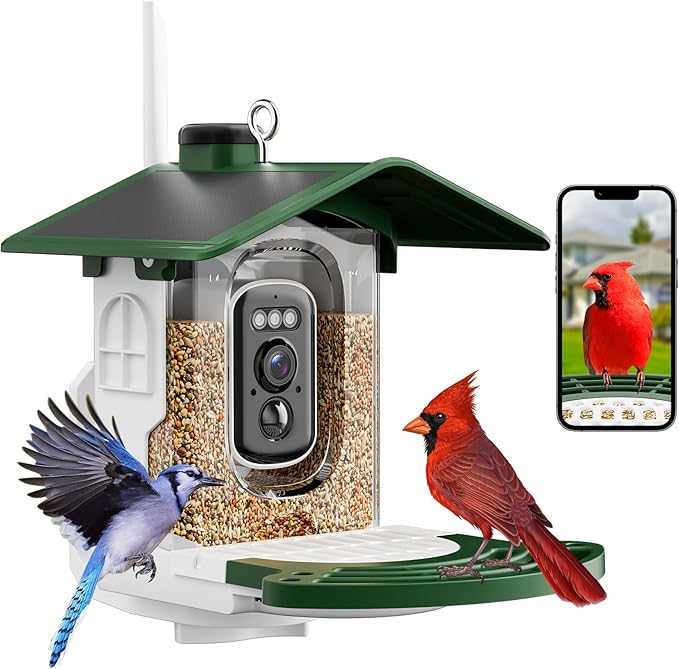 Jarkyfine Smart Bird Feeder with Camera Solar Powered - AI Bird Identification, 2.4Ghz WiFi, 2K HD Video Live Stream Camera, 3MP Photos, 2.9in Focus, Gifts for Mom Dad Birdlovers, Green