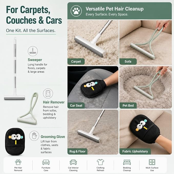 GOOGO Pet Hair Removal Tool Kit, 3 Pieces, White | 3 piece white tool kit, long handle brush, 50 in length, for pet hair on sofas, rugs, seats, and car mats