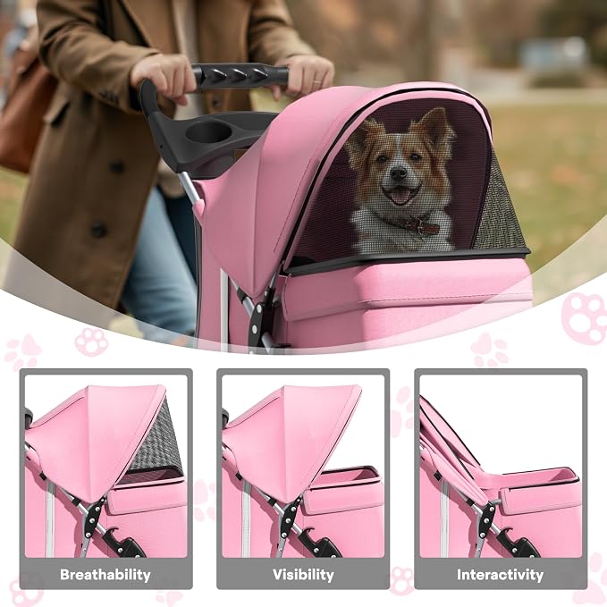 Pink Dog Stroller for Medium Dogs 30 lbs Pet Stroller for Small Dogs Cat Strollers for 2 Cats, 3 Wheels Foldable Jogger Puppy Stroller with Storage Basket and Cup Holder, Pink
