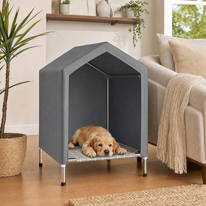 Elevated Dog House for Small Dogs, Raised Dog Bed with Removable Canopy | Weather-Resistant Sunshade Fabric, Indoor & Outdoor Portable Pet Tent, Rust-Proof Stainless Steel Frame, for Small Dogs