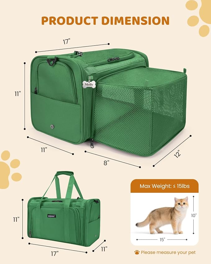 MIDOG Cat Carrier Soft for Small-Medium Cats Up to 15lbs, Airline Approved | Expandable Square Design,Comfort & Breathable Window,Equipped with anti-slip lock zippers and an internal safety leash