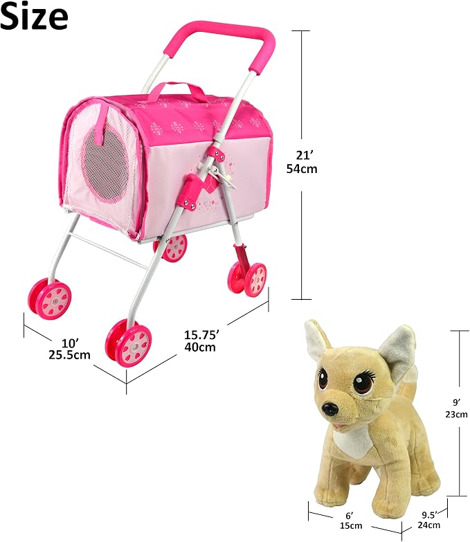 ANIVIA Pet Stroller and Accessories for Kids Ages 3 to 7 Year Olds, Dog Toy for Toddlers, 2 Pieces Play Dog Set, Puppy Party Playset with 1 Pet Puppy Included Pink
