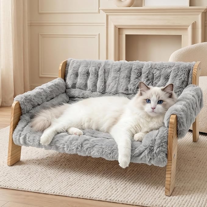 homegroove Elevated Cat Couch Bed, Wood Cat Sofa for Indoor Cats, Gray | 27"L x 18"W x 11.8"H, solid wood cat bed with removable washable cushion, available in white and gray, for cats & small dogs