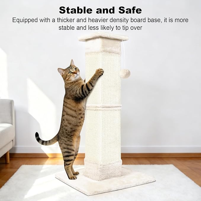 Cat Scratching Post 33 inch for Indoor Cats, Sisal Cat Scratcher, Vertical Posts with Dangling Ball, High Cat Scratch Post, Cat Tree for Full-Body Stretching, Protect Your Furniture, Beige White