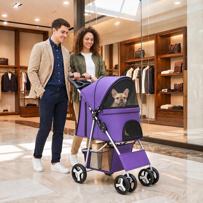 Pet Stroller 4 Wheels Dog Cat Stroller for Small Medium Dog Cats Carrier Jogger Travel Foldable Puppy with Storage Basket and Cup Holder (Purple)