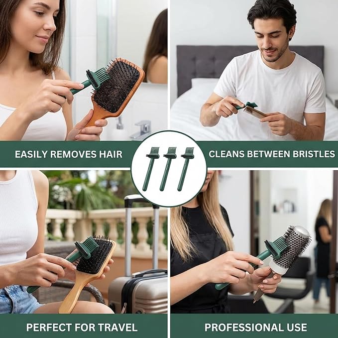 3 PCS Hair Brush Cleaner Tool, Comb and Hairbrush Cleaning Set, Efficient Hair Removal from Styling Tools, Professional Salon and Home Maintenance, Compact Green Cleaning Brushes for Travel 