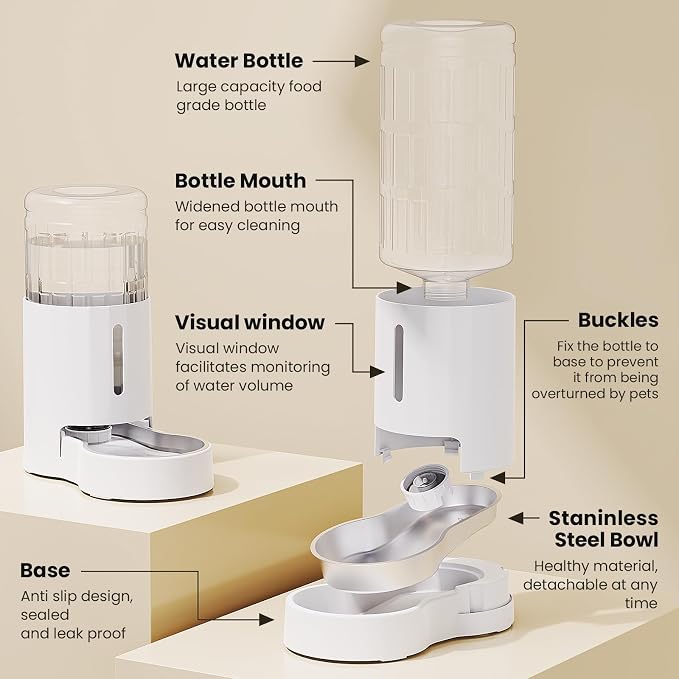 CZPET Elevated Dog Water Bowl Dispenser (8L+Stand+Mat, White) | With Stainless Steel Bowl Gravity Waterer, Large Capacity and Drinking Area Noise-Free for Pets