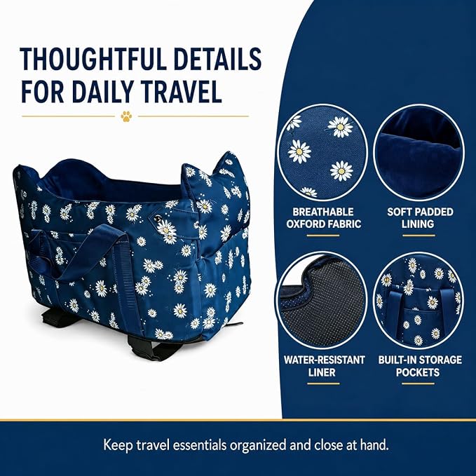 Center Console Dog Car Seat for Small Dogs 5-15 lbs, Nauy Blue | Anti-Collapse Puppy Booster Carseat with Washable Fluffy Cushion, Pillow and Carry Handles