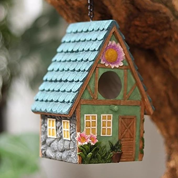 Bird Houses for Outside Cottage-Style Hanging Birdhouse with Flower Accents – Hand-Painted Resin Decorative Birdhouses for Outdoors for Bluebird Finches Cardinals Bird Nesting Garden, Patio, Yard