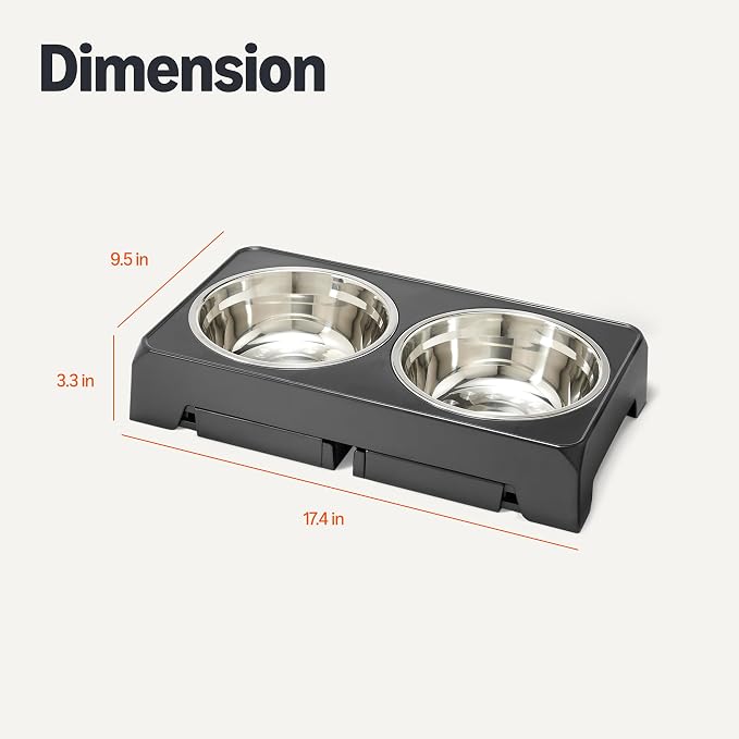 Amazon Basics Elevated Dog Bowls Stand, 5 Height Adjustable Foldable Raised Pet Feeder with Stainless Steel Bowls, Non-Slip Base, 17.3 x 9.4 x 12 in, Black
