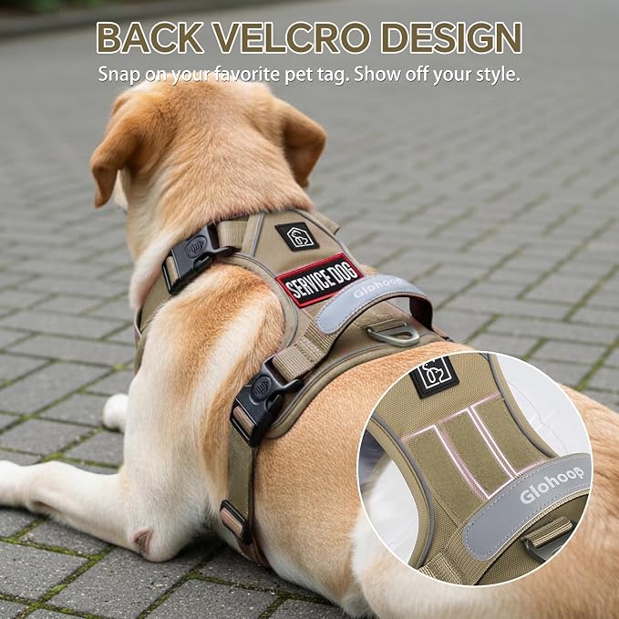 Heavy Duty Tactical Dog Harness for Small Dogs, No Pull Dog Harness with Handle & Front Clip, Reflective Soft Padded, Hook and Loop Panel, Dog Vest for Walking, Service Training, Khaki