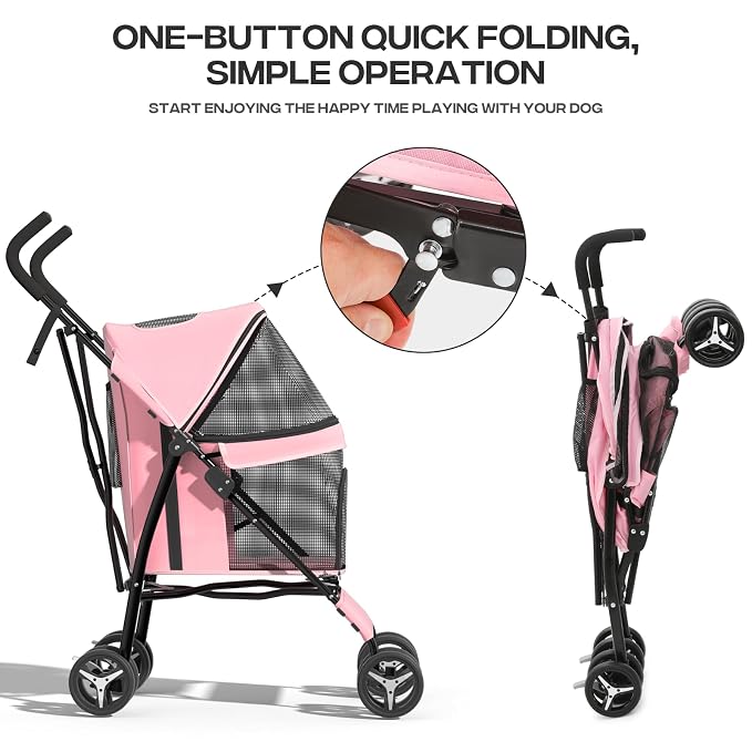 Dog Stroller for Small Dogs 10 lbs -22lbs Puppy Stroller Medium Dog Wagon Small Pet Stroller for Cats, Cat Strollers for 2 Cats, Rear Storage, Pink