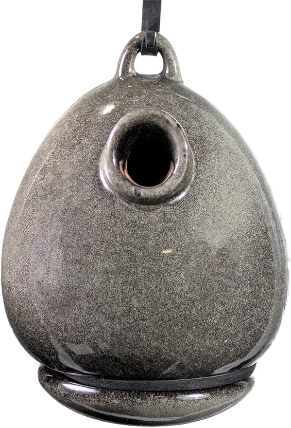 Byer of Maine Egg Bird Home for Small Songbirds, Sandy Granite, High Fired Porcelain Stoneware, Ceramic Bird House, Glaze Finish, with Forged Steel Hook