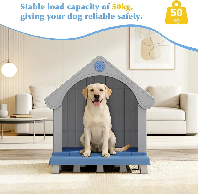 Bifanuo Dog House Outdoor Weatherproof with Porch for Small Medium Dogs, Durable Plastic Pet House with Sloping roof and Elevated Floor, Easy Cleaning and Assemble (Blue, 32.95"D x 31.5"W x 37.88"H)