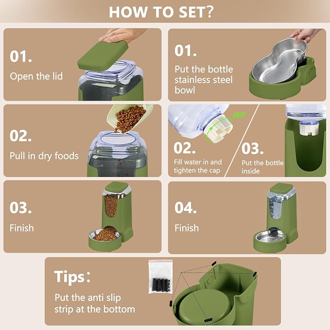 HWONMTE Portable Automatic Cat Feeder and Water Dispenser with Stainless Steel Bowl Dog Gravity Food Feeder and Waterer for Small Medium Pets Puppy Kitten 1 Gallon x 2 (Olive Green)