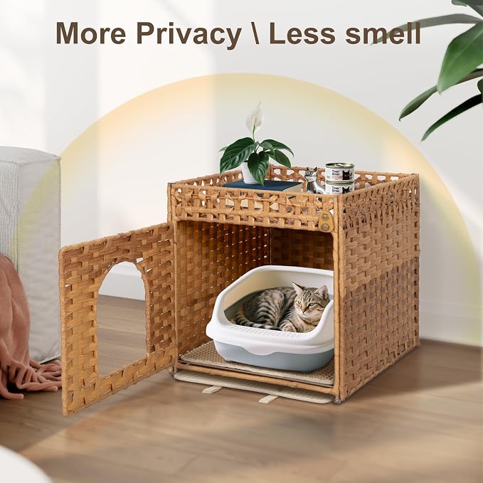 Handwoven Rattan Cat Litter Box Enclosure Furniture - Hidden Cabinet with Odor-Control Mat, Anti-Spill Fence & Secure S-Hooks for Living Room/Bedroom, 18.2"x18.2"x24.5" (Natural)