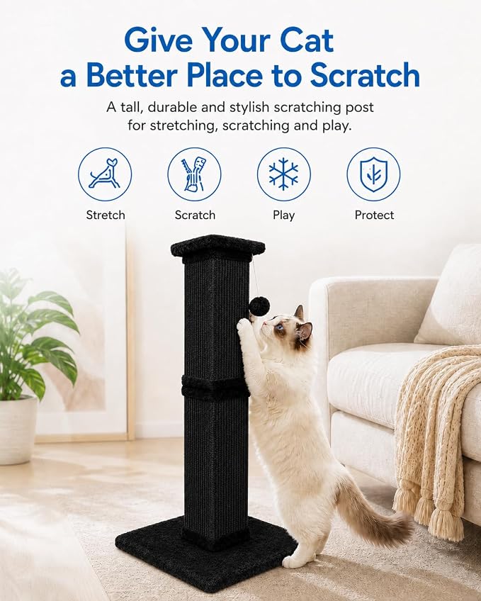 Vertical Cat Scratching Post for Indoor Cats, Sisal Scratch Tower with Soft Plush Base & Ball, 32'' Tall Cat Scratcher Column for Kittens and Adult Cats, Furniture Protection, Full Black
