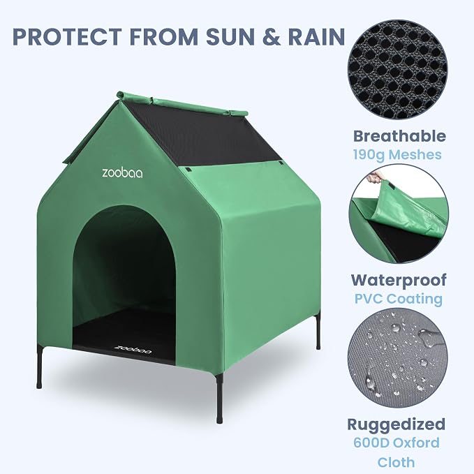 Zooba 29in Medium Dog House Outdoor, Elevated Dog Bed with Canopy, Green | Weather-resistant 600D PVC canopy, breathable 2x1 Textilene elevated bed, steel frame; indoor or outdoor; easy to clean