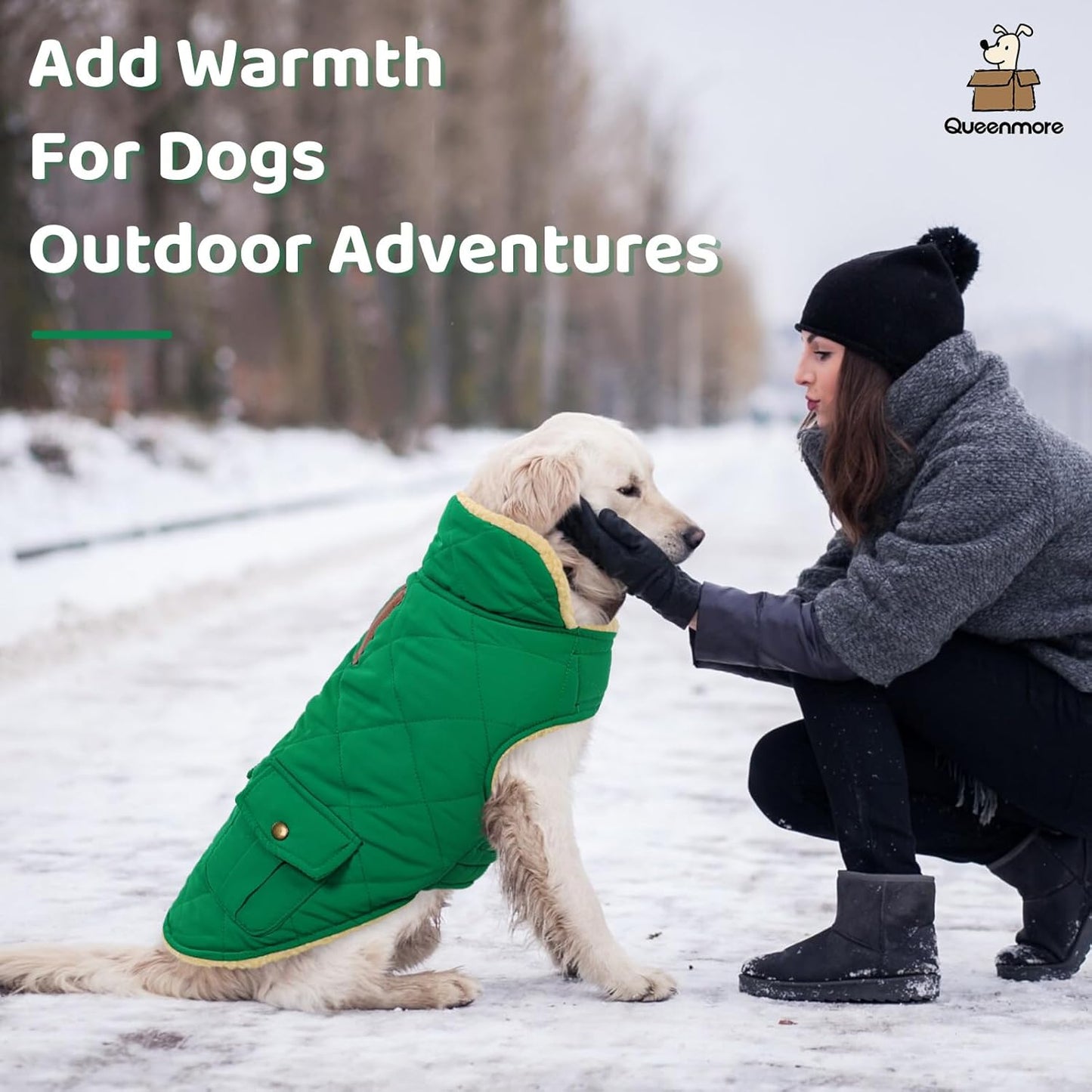 Queenmore Warm Dog Coat, Cold Weather Puffer Dog Coat Vest, Quilting Winter Pet Jacket Ultra Thick Plush Fleece Lining Pet Clothes for Dogs with Storage Pockets (Forest Green, Small)