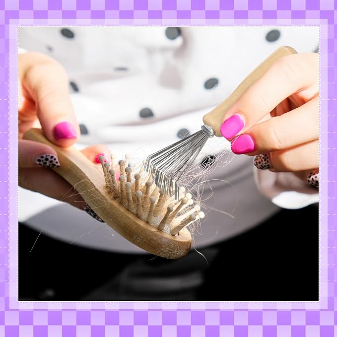 Boao 2 Pack Hair Brush Cleaning Tool,2-in-1 Comb Rake and Brush Cleaner for Removing Hair,Dust and Buildup,Mini Hairbrush Accessory for Home&salon(Purple, Wood Color,Polished Wooden Handle Rake)