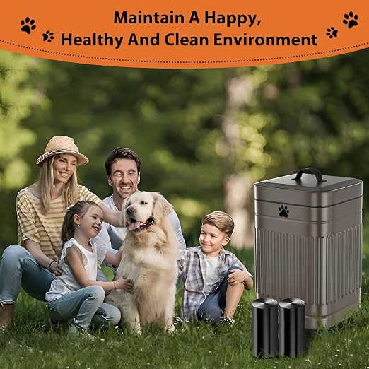 Dog Poop Trash Can Outside - 5L/1.3Gal Small Trash Can with Lid, Brown | Outdoor Dog Poop Trash Can with 40 Bags, Pedal, Removable Inner Bin, Metal Dog Waste Trash Can with Soft Close, Odor Control