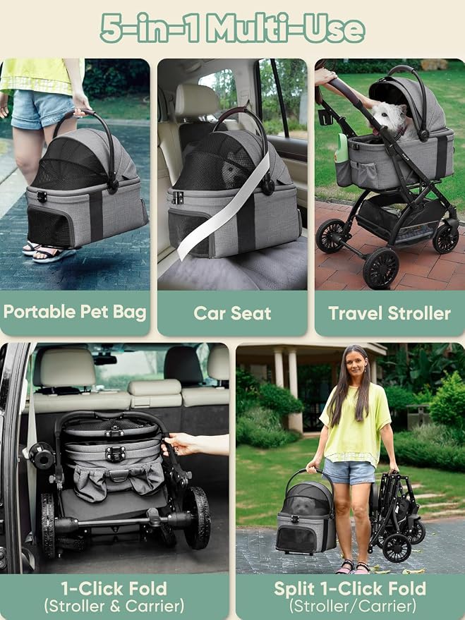 Small Dog Stroller, Pet Stroller for Small Dogs, 5-in-1 Dog Strollers - Fold All in One Without Detaching Carrier, Pet Strollers with Removable Waterproof Carrier for Dogs Cats 10 lbs 20 lbs - Grey